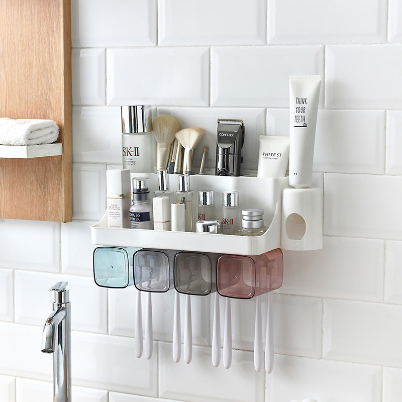 Wall-Mounted Toothbrush Holder with Cups & Automatic Toothpaste Dispenser