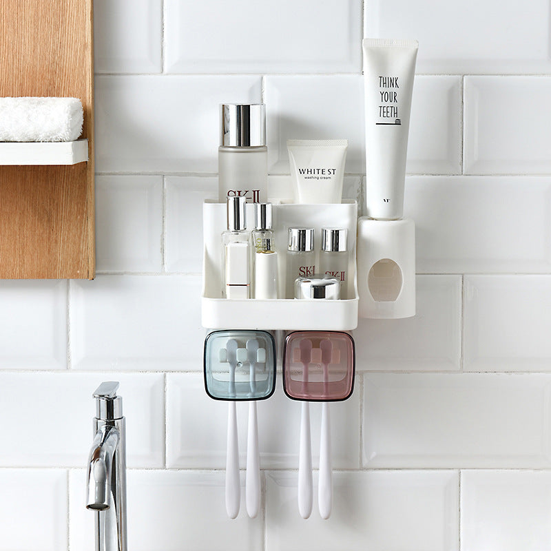 Wall-Mounted Toothbrush Holder with Cups & Automatic Toothpaste Dispenser