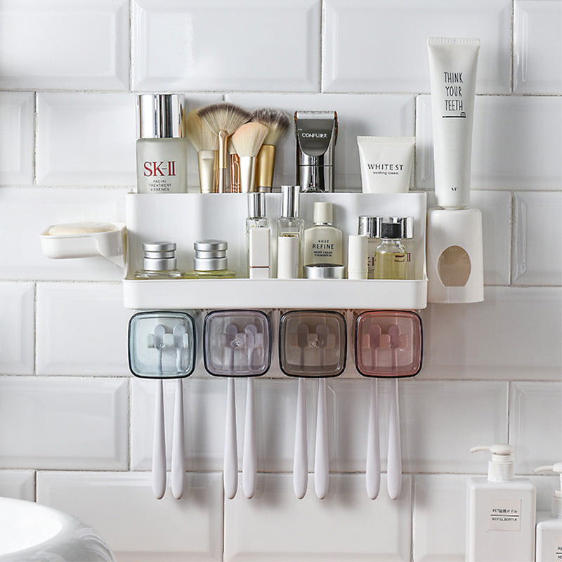 Wall-Mounted Toothbrush Holder with Cups & Automatic Toothpaste Dispenser
