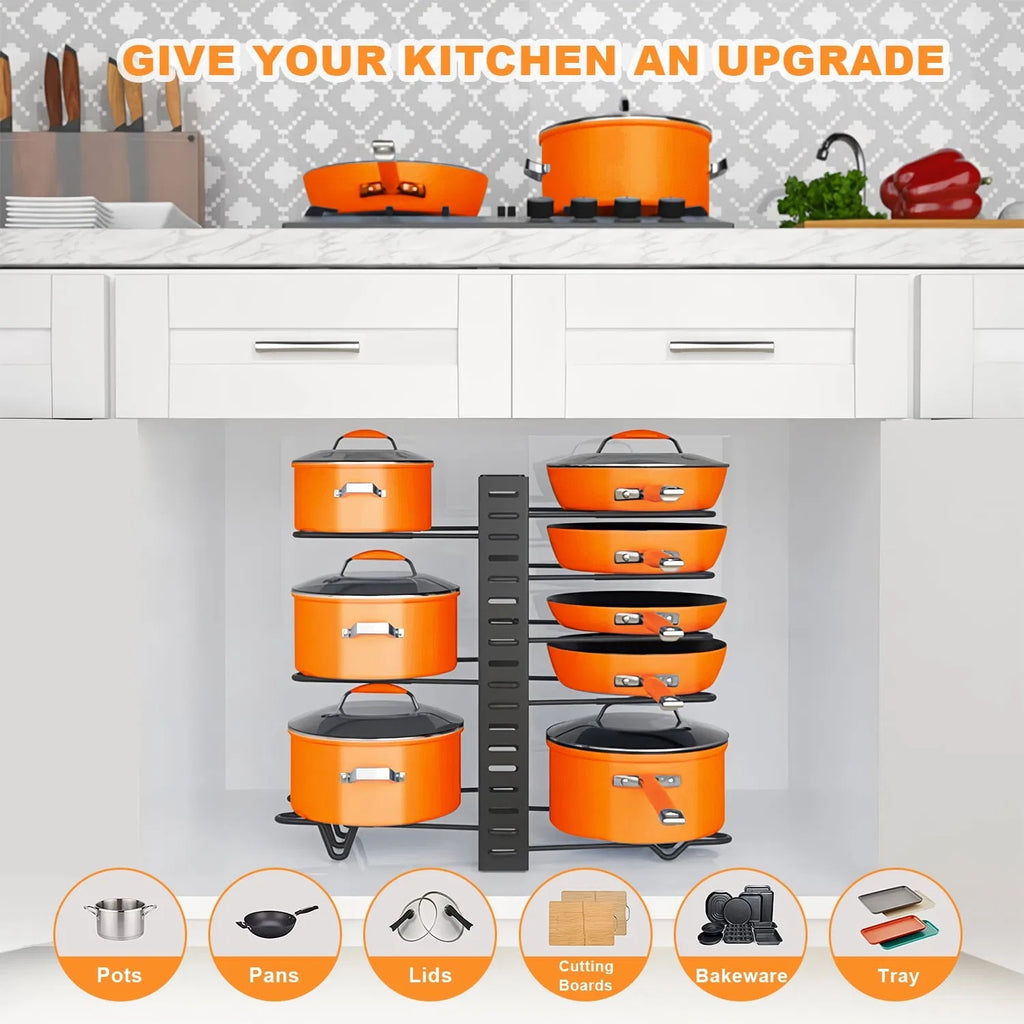The 3-in-1 Adjustable Cookware Rack | For Pots, Pans & Lids
