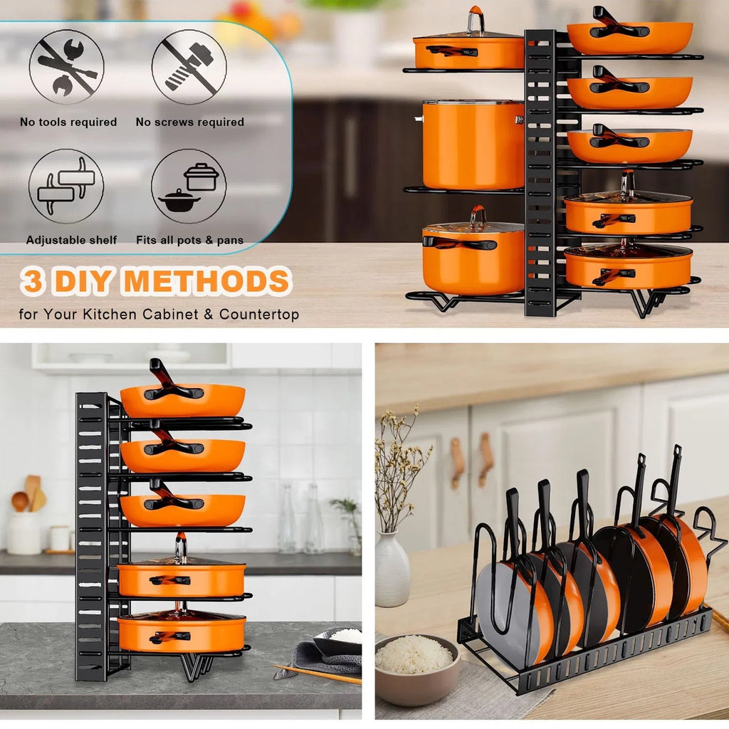 The 3-in-1 Adjustable Cookware Rack | For Pots, Pans & Lids
