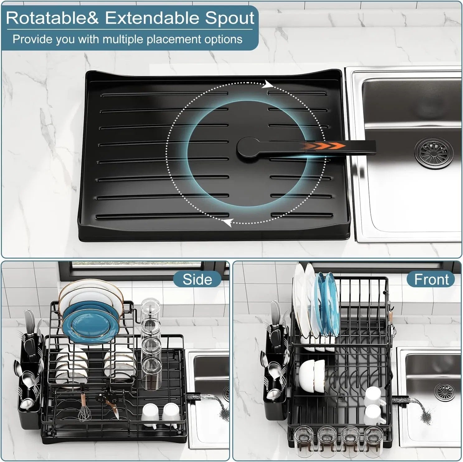 Stainless Steel Kitchen Dish Rack – Countertop Drying Rack with Removable Drainboard & Utensil Compartments