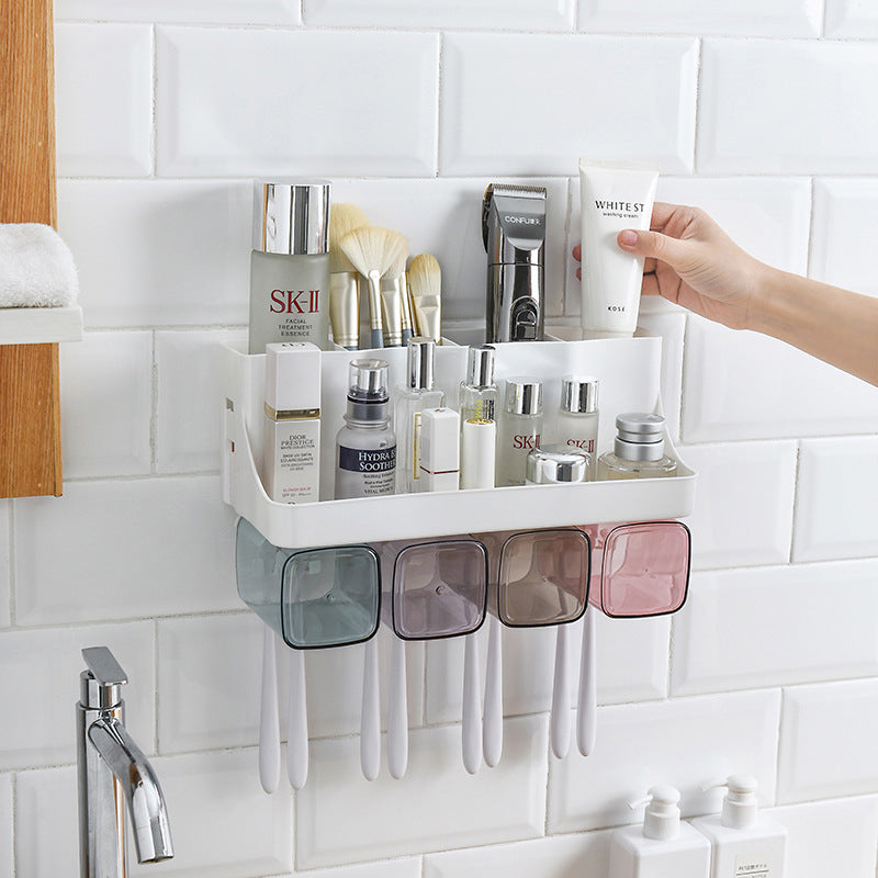 Wall-Mounted Toothbrush Holder with Cups & Automatic Toothpaste Dispenser