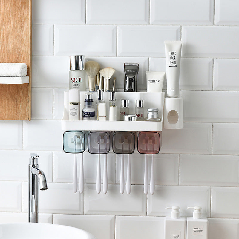Wall-Mounted Toothbrush Holder with Cups & Automatic Toothpaste Dispenser