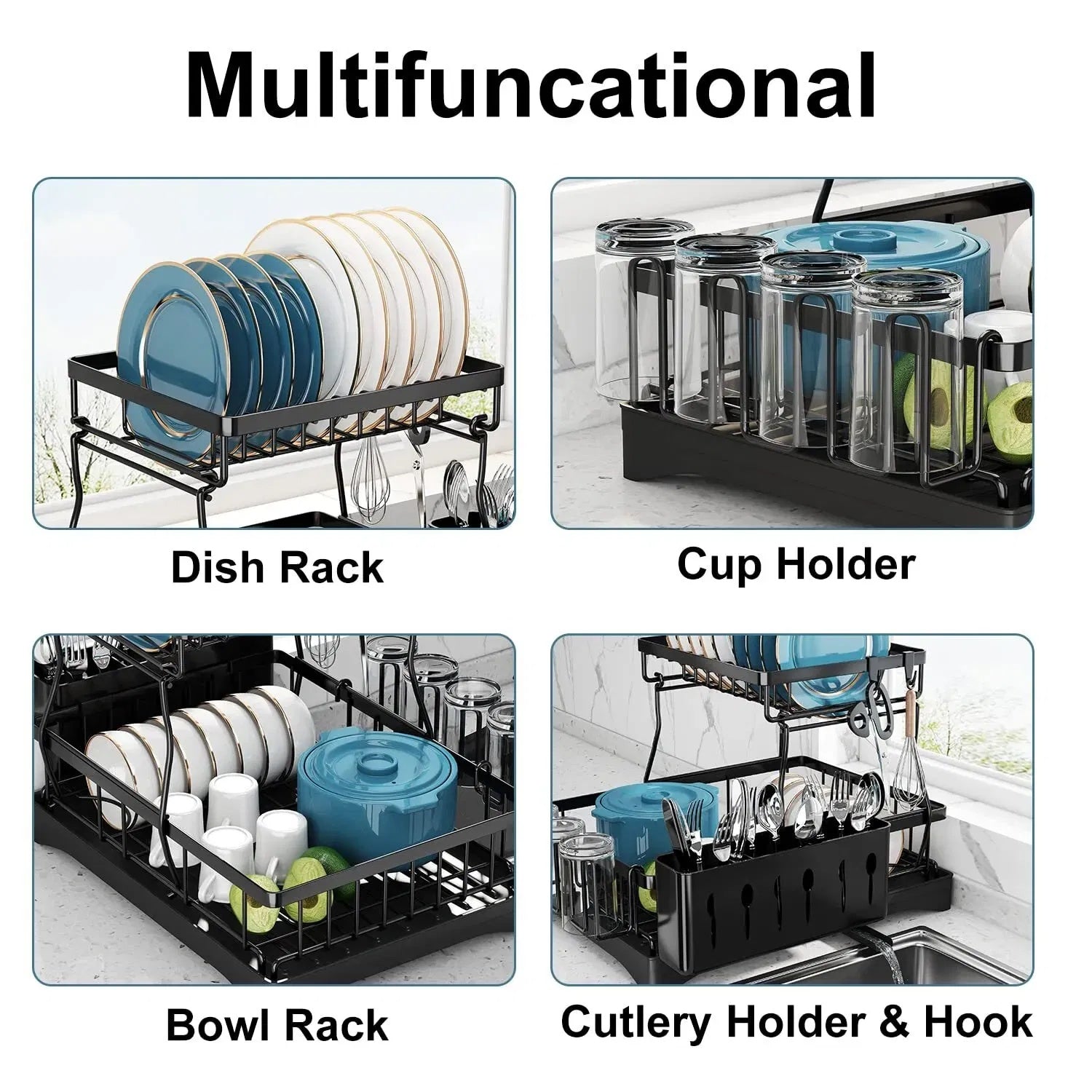 Stainless Steel Kitchen Dish Rack – Countertop Drying Rack with Removable Drainboard & Utensil Compartments