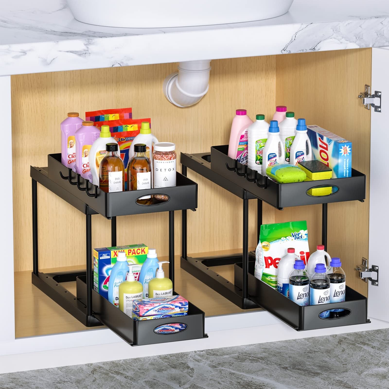 Premium Under Sink Organizer with 2-Tier Sliding Drawers