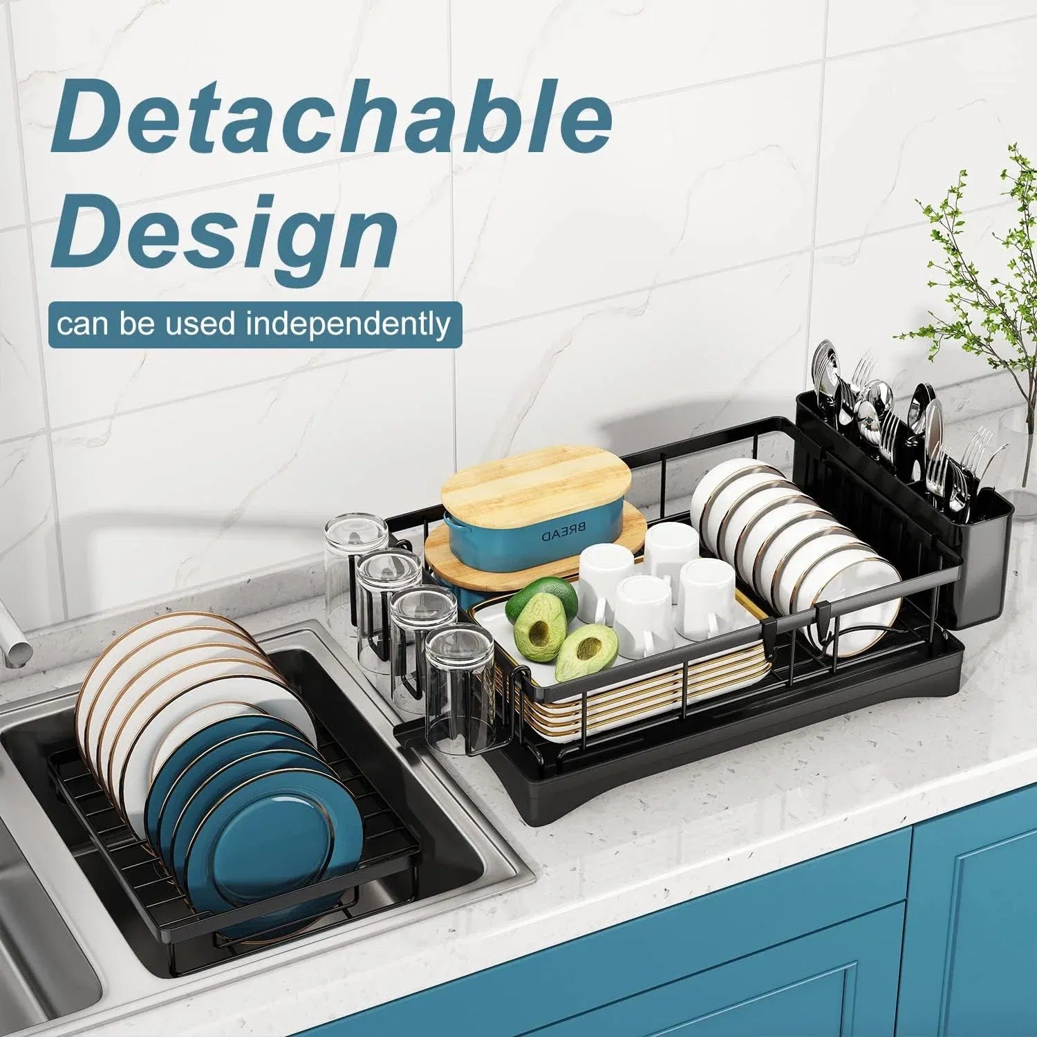 Stainless Steel Kitchen Dish Rack – Countertop Drying Rack with Removable Drainboard & Utensil Compartments