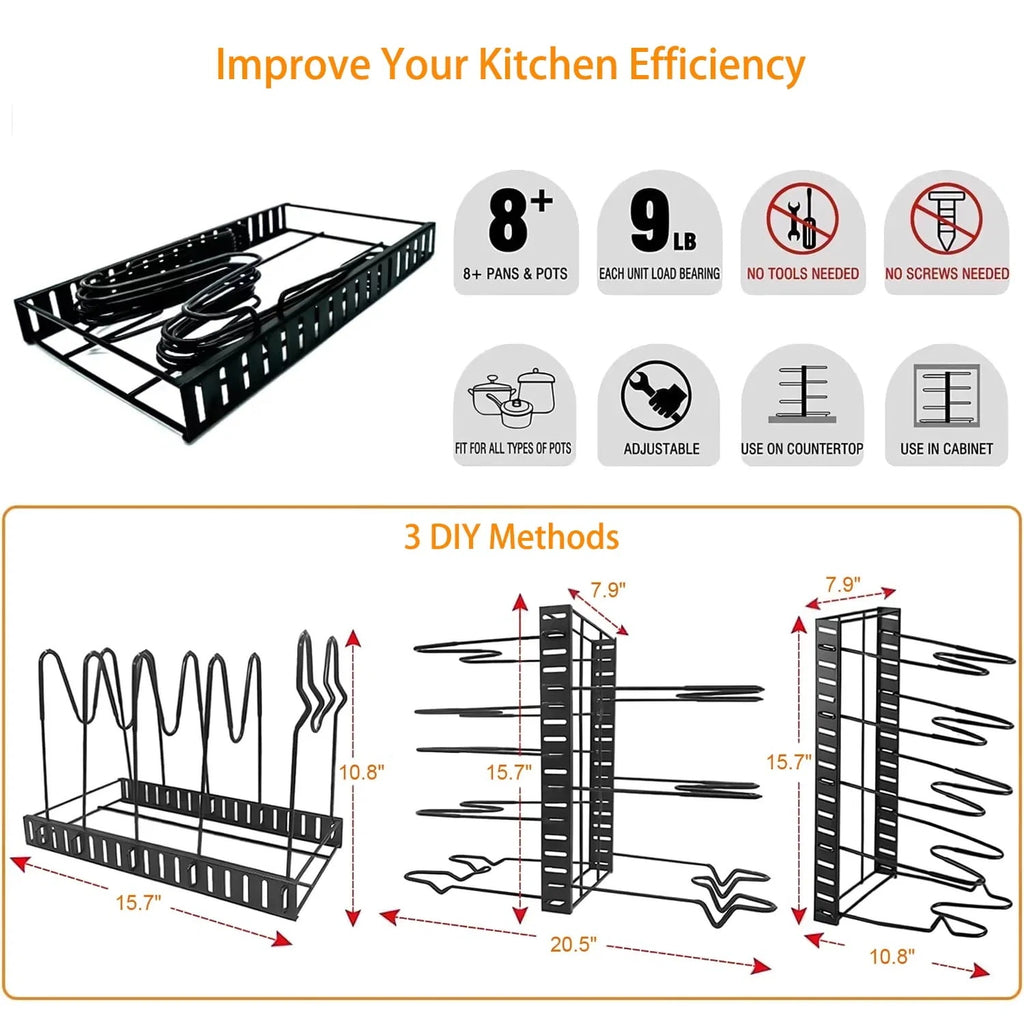 The 3-in-1 Adjustable Cookware Rack | For Pots, Pans & Lids