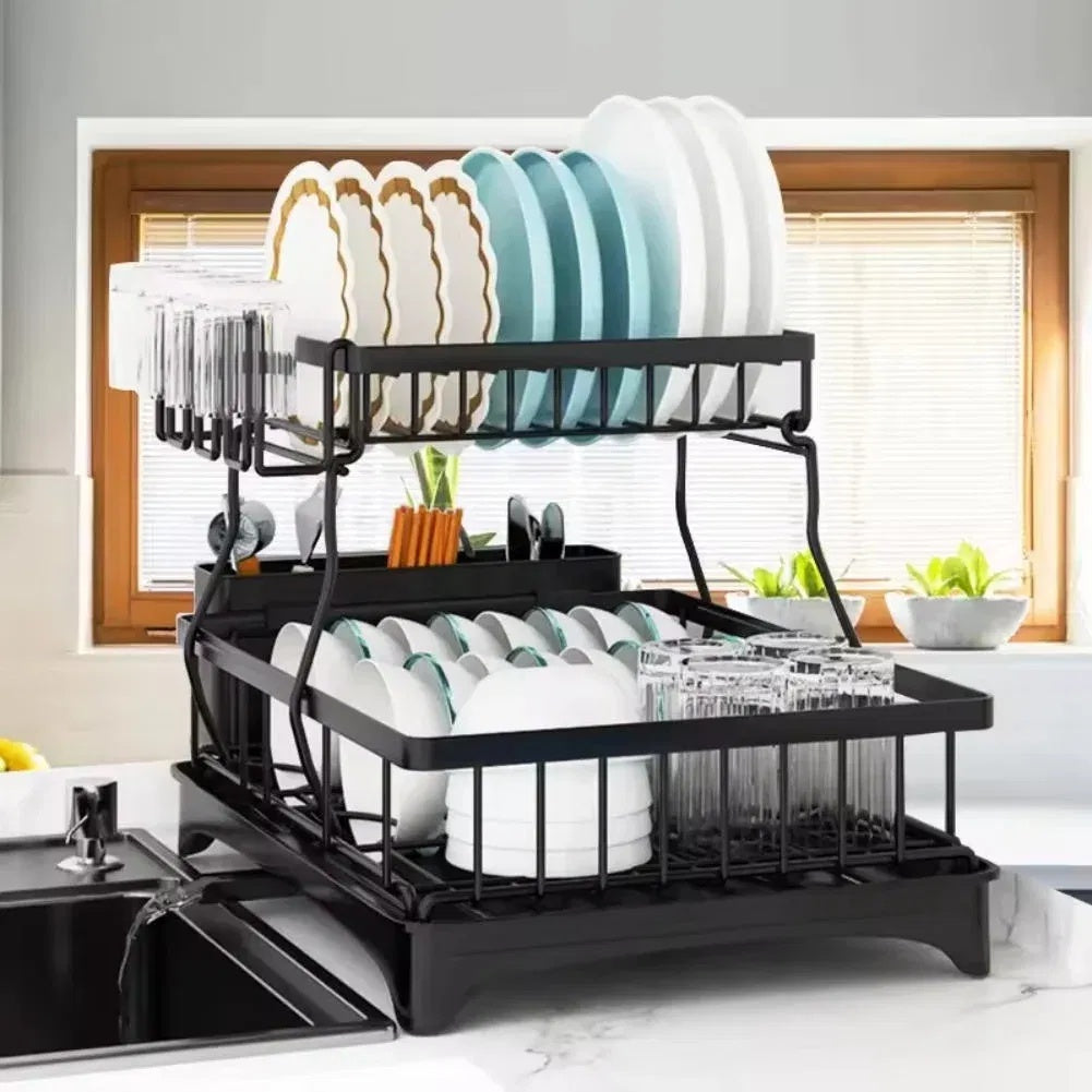 Stainless Steel Kitchen Dish Rack – Countertop Drying Rack with Removable Drainboard & Utensil Compartments