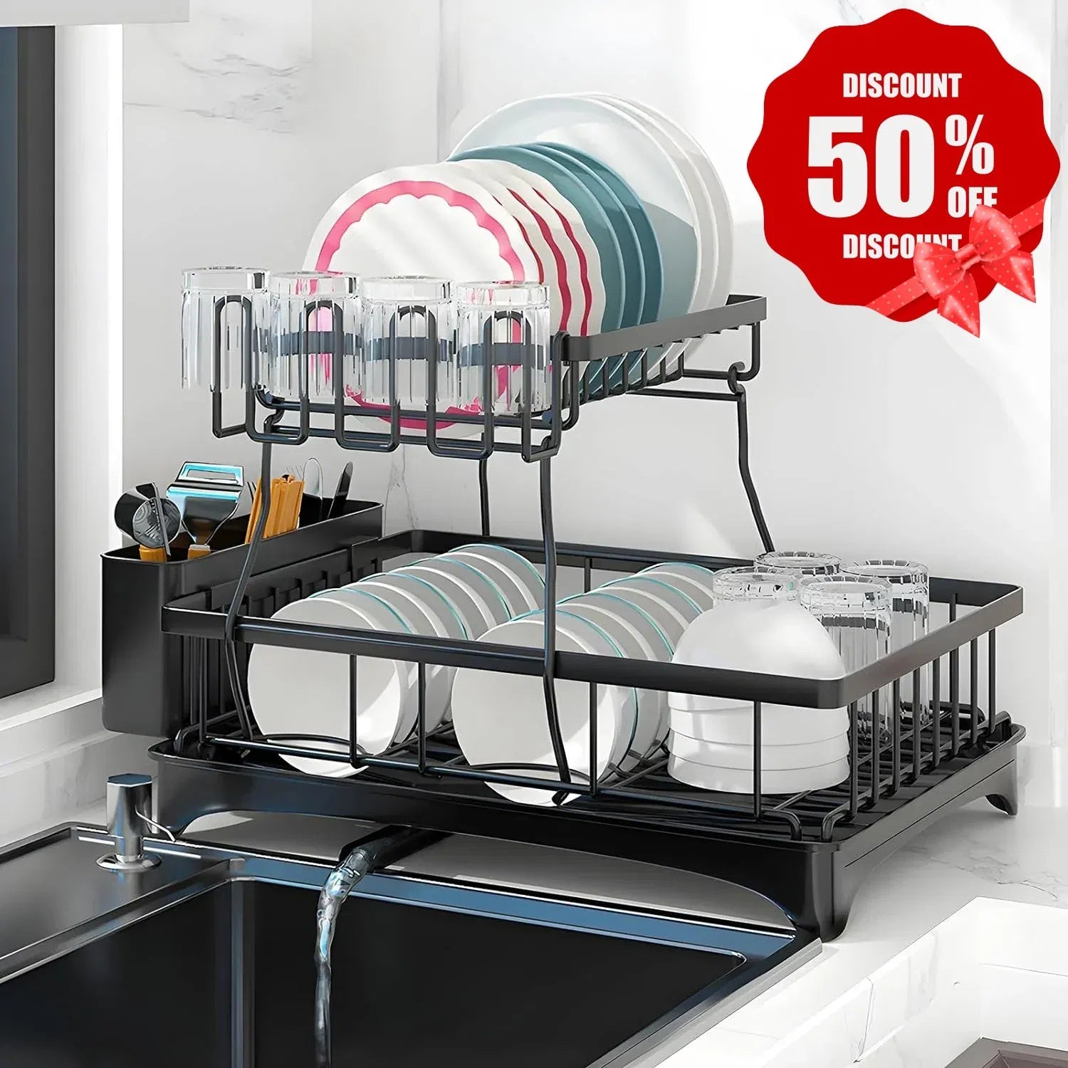 Stainless Steel Kitchen Dish Rack – Countertop Drying Rack with Removable Drainboard & Utensil Compartments
